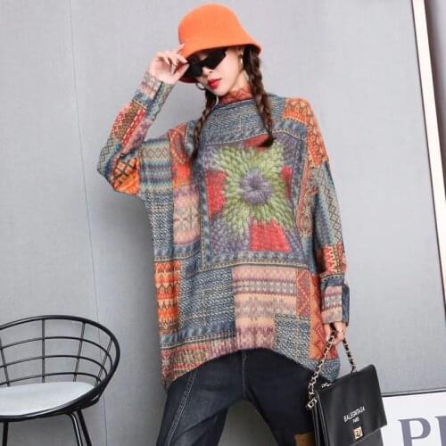 Women Turtleneck Sweater Autumn Winter Vintage 2020 Imitated Mink Wool Personality Print Oversized Knitted Pullovers Warm