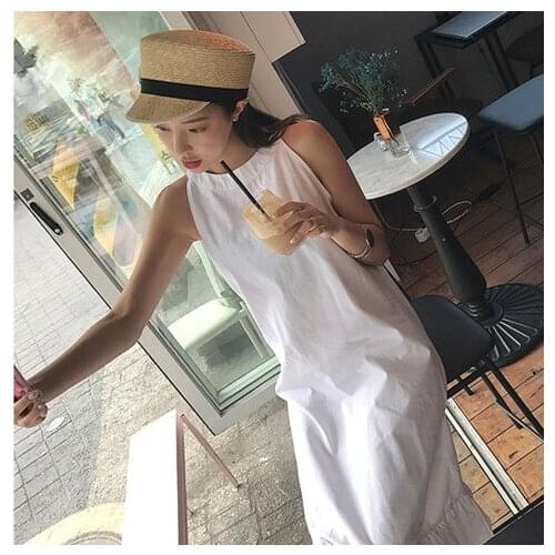 Women Summer White Cotton Linen Ruffle Long Tank Dress Female Halter Sexy Vestidos Verano 2018 Robe Femme Jurken white dress