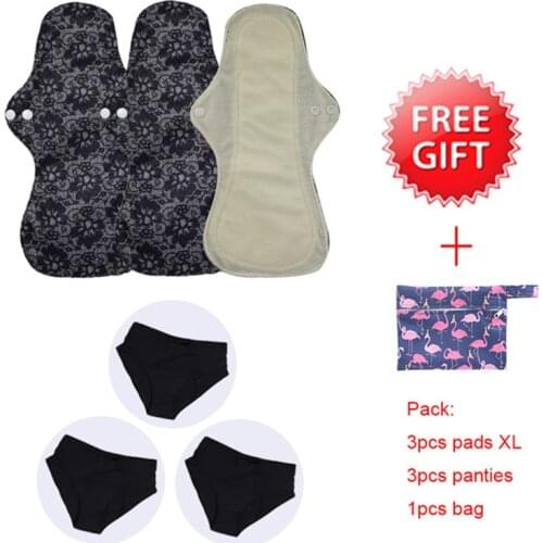 3Pcs Heavy Flow Night Use Panty Liner Wholesale Reusable Sanitary Pads Bamboo Pads Large Size+ 3PCS Bamboo Panties+1Free Bag