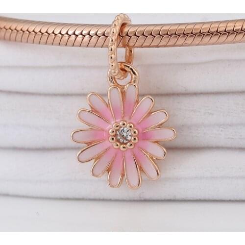 S925 Bead DIY Jewelry Pink Daisy Flower Dangle Charm fit Lady Bracelet Bangle