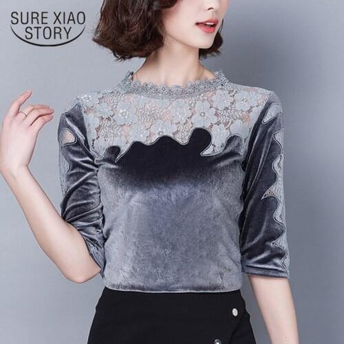 Fashion five-point sleeve lace lady shirt 2019 spring new stitching bottoming blouse hollow sexy round neck and elegant 2322 50