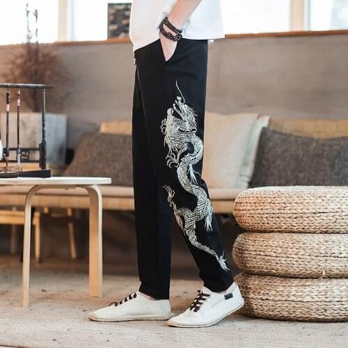 Men Casual Chinese Style Pants Dragon Embroidery Loose Trousers New Summer Japanese Elastic Waist Harem Pants Streetwear 10819