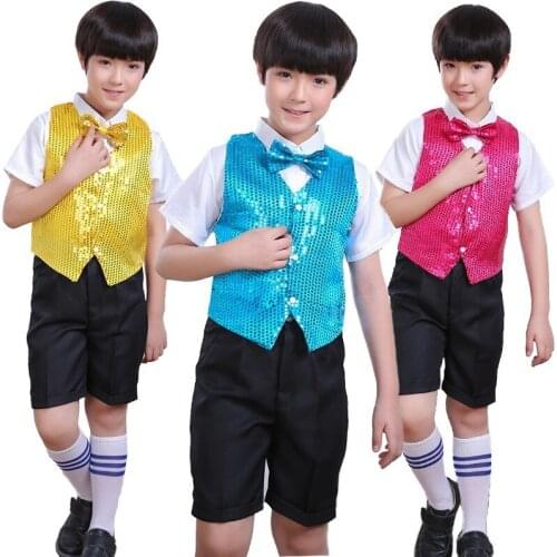 Children Shining Clothes Boys Choir Students Performance Costumes Kids Hip-hop Jazz Dance Sequined Vest Stage Dance