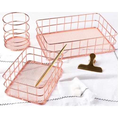 Ins Gold Iron Art Nordic Makeup Organizer Basket Eyeliner Brush Set Storage Cup Dressing Table Makeup Cosmetic Organizer Box