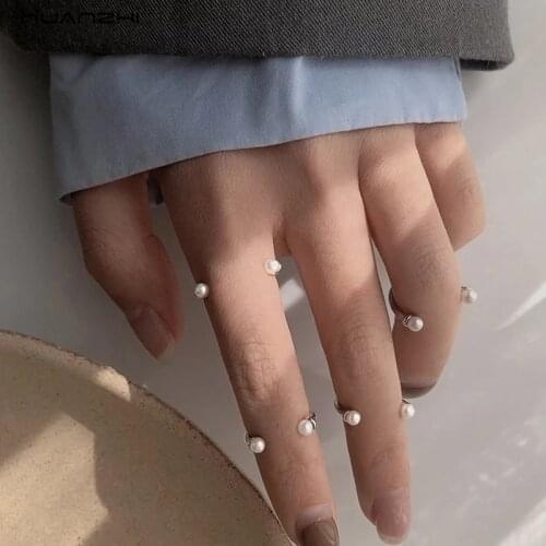 HUANZHI 2020 New Korean Simple Golden Silver Color Small Pearl Adjustable Opening C Shape Rings for Women Fashion Jewelry Gifts