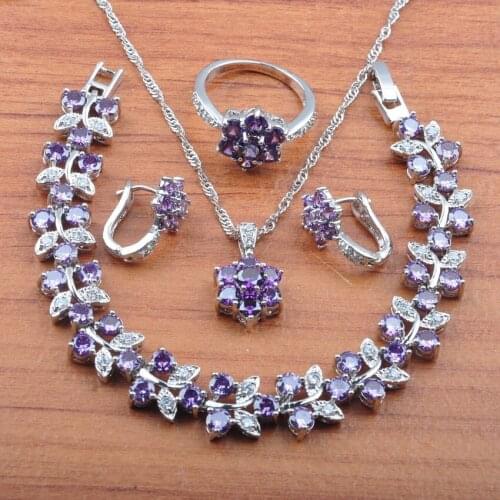 Silver Color Jewelry Set Best Gift Purple Zirconia For Women Earrings Necklace Pendant Rings Bracelet Set JS0501
