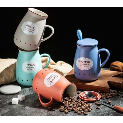 400ml Simple Mug Classic Vintage Style Ceramic Cup with Lid and Spoon Large Volume Easy To Wash Healthy Breakfast Coffee Cup