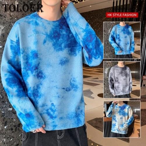 Men Hip Hop Gradient Blue Knitted Sweaters Fashion O-Neck Warm Pullover 2021 Autumn Winter High-Quality Knitwear Male Loose Tops