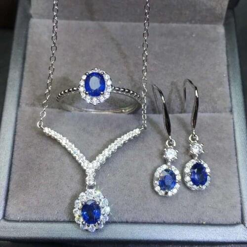 Real Natural Sapphire jewelry set Natural Real Sapphire 925 sterling silver 1pc pendant,1pc ring,2pcs Earring