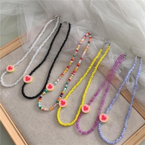 New Handmade Candy Diy Rice Bead Necklace Heart Pendant Girl Choker Clavicle Chain Colorful Female Beach Party Jewelry Gifts