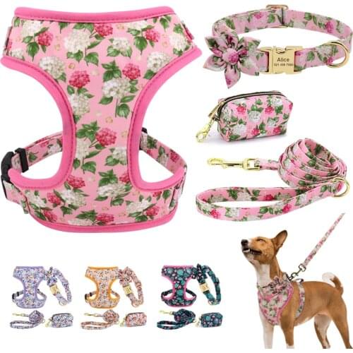 3pcs/4pcs Personalized Dog Collar Leash Harness Treats Bag Floral Pet Engraved Collar Poop Bag Holder For Small Medium Large Dog