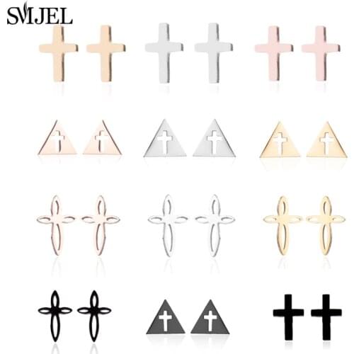SMJEL bijoux Small Triangle Earrings Stainless Steel Cross Stud Earrings for Women Punk Religious Jewelry Gifts pendients