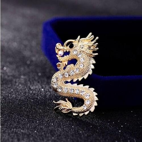 Vintage Chinese Style Shiny Zircon Inlaid Dragon Badge Brooch Pin Glamour Mens Party Prom Jewelry Accessories