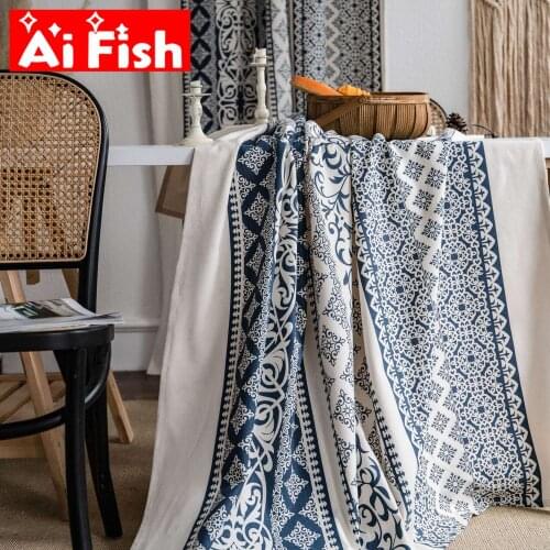 Chinese style blue and white porcelain geometric printing cotton and linen semi blackout curtains for kitchen bedroom Windows #4