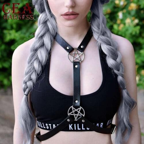 CEA Sexy Punk Pentagram Faux Leather Harness Bra Body Waist Belt Fashion Black Chest Harness For Women Handmade Straps Suspender