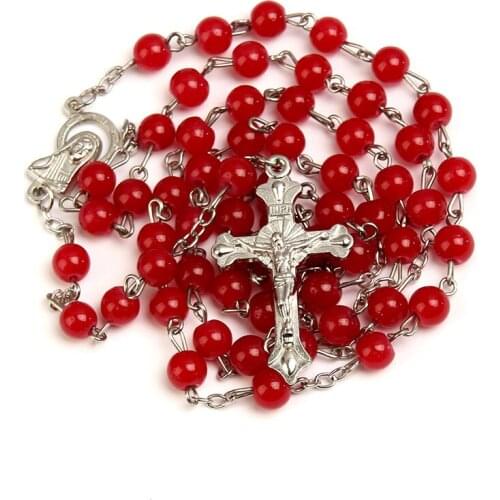 6mm Religion Jesus Cross Bohemian Long Natural Stone Rose Crystal Bead Knot Necklace Female Rosary Necklace Gift