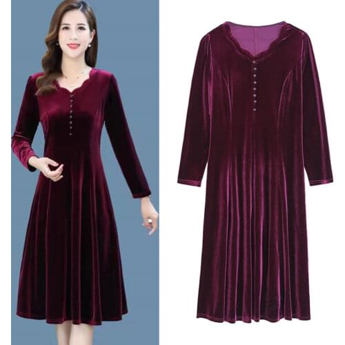 Gold Velvet Dress Women Autumn New Elegant Slim Knee Length Vestidos Mom Plus Size Long Sleeve Evening Party Dress