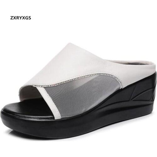 2021 New Fashion Summer Cowhide Mesh Fish Mouth Sandals Platform Wedges Heighten Slippers Women Sandals Beach Slippers Big Size