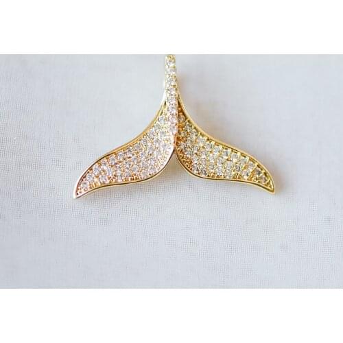 4pcs Whale Tail Charms 29mm, Real Gold Plated Brass, CZ Micro Paved Mermaid Tail Pendants (GB-243)