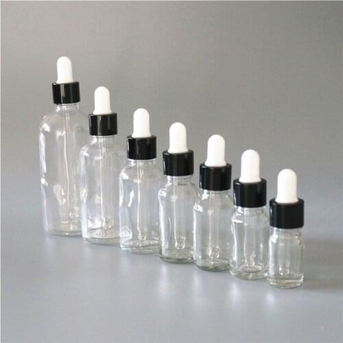 5/10/15/20/30/50/100ml Reusable Clear Essential Oil Bottle White Rubber Head Dropper Black Cap Cosmetic Refillable Container