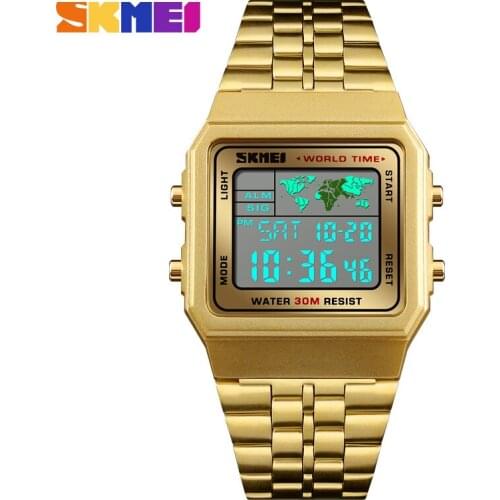 SKMEI Mens Business Watches World Time Square Date Stainless Steel Digital Sports Chrono Waterproof Wristwatch Relogio Masculino