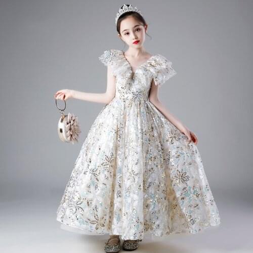 Children Wedding Bridemaid Long Dresses Girl Elegant Sequins Frock Teenage Graduation Clothes Kids Pageants Party Boutique Dress