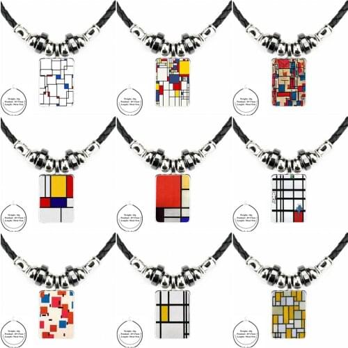 For Lovers Girl Friend Best Gift Jewelry Black Leather Bead Pendant Glass Cabochon Choker Long Pendant Necklace Mondrian
