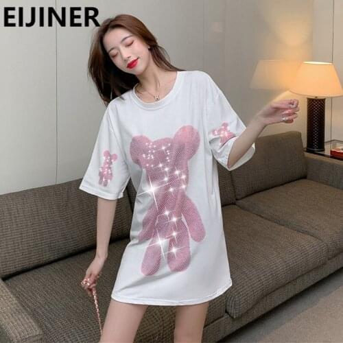 Hot Rhinestone Cartoon Bear White Short Sleeve T-shirt Women Summer Fashion Plus Size Harajuku Korean Kawaii crewneck Pink Top