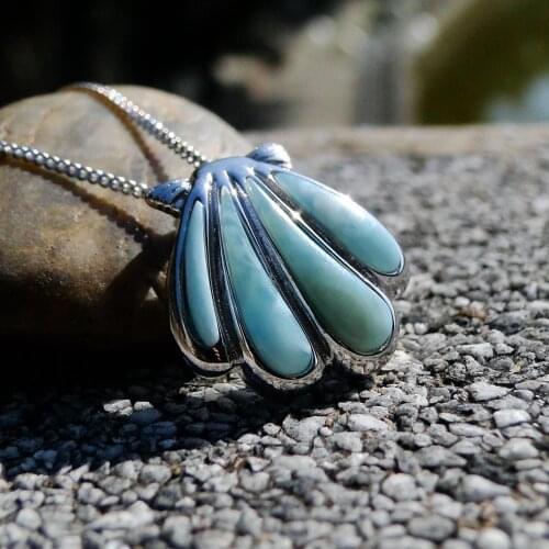 Hot Selling Real Natural Larimar Jewelry 925 Sterling Silver Pendant Sea Shell Women Charm Pendant Necklace For Gift