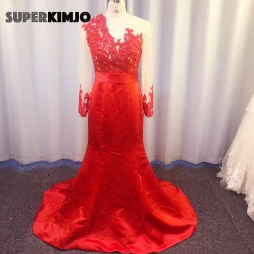 Red prom dresses long sleeve lace appliques beading sequins mermaid satin evening dresses actual image party dresses