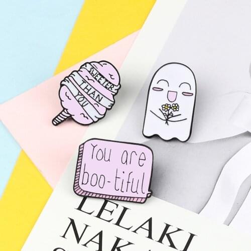 Sweet Pink Cotton Candy Enamel Pin Cute Rose Ghost Cartoon Brooch Shirt Hat Bag Lapel Pins Badge Halloween Jewelry for Kids Gift