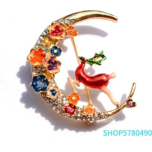 Fashion Jewelry Cute Moon brooches Flower Enameled pins Rhinestone Brooches for Women Party Garments Lady Gifts Elegant Pin