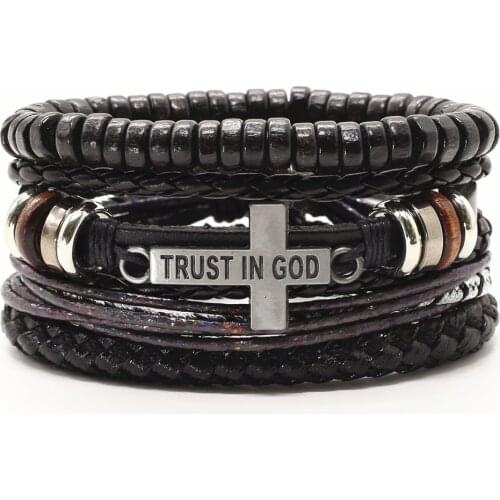 New 4 Pcs/set Lion Cross Charm Bracelet Femme Homme Wood Beads Leather Bracelets for Women Bangles Male Wrap Pulseras Jewellery