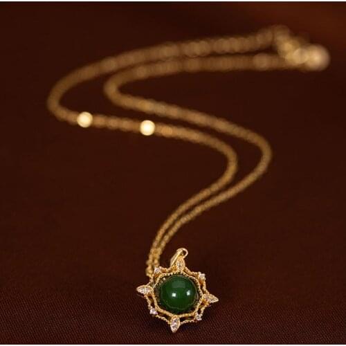 Original Design S925 Silver Gold Hetian Jade Green Jade Personality SUNFLOWER Elegant High-End Ladies Pendant Necklace Set