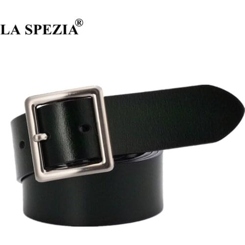 LA SPEZIA Women Leather Belts For Jeans Vintage Square Pin Buckle Belt Female Ink Green Genuine Leather Cowhide Accessories Belt