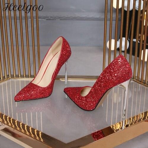 Heelgoo Glitter Sequins Women Pointy Toe 11cm High Heel Shoes Sexy Ladies Sparkly Party Stiletto Pumps Plus Size 43 44 45 46