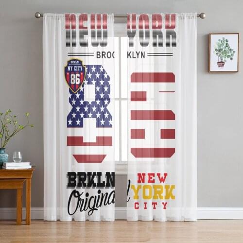 New York Text American Flag Numbers Sheer Curtains for Living Room Kitchen Tulle for Windows Voile Yarn Curtains for Bedroom