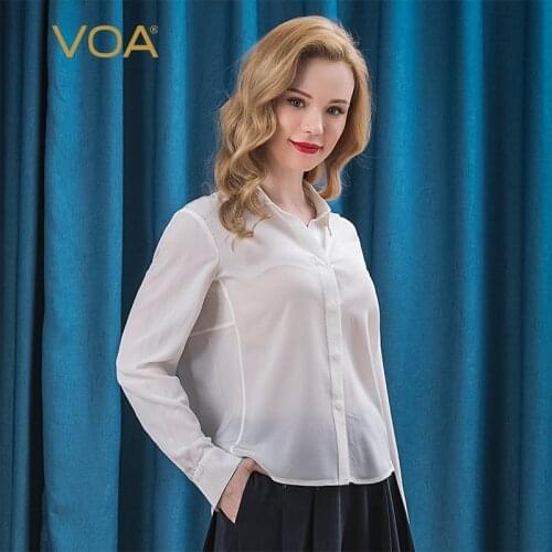VOA Silk 18m/m Pure White Double Crepe POLO Collar Single Row Concealed Button Long Sleeve Simple Loose Classic Shirt Women B08