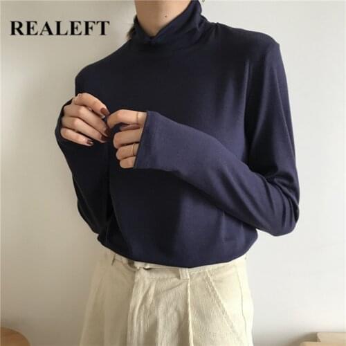 REALEFT Autumn New 2021 Simple Chic Womens T-Shirts Pure Color Long Sleeve Multi Colors Sexy Basic Bottoming Turtleneck Tops