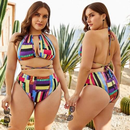 PLUS SIZE Bikini Sexy Strappy Halter High Waist Slim Swimsuit