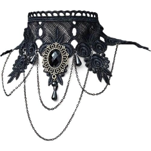 2021 New Womens Gothic Style Fake Collar Black Chocker Necklace Chain Embroidered Lace Wedding Punk Vintage Tassel Faux Crystal