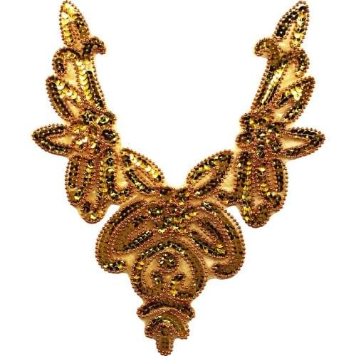 10piece Gold Sequined Applique Flower Beaded Collar Lace Embroidery Patches Children Dancewear Decorative Sewing Supplies T2562