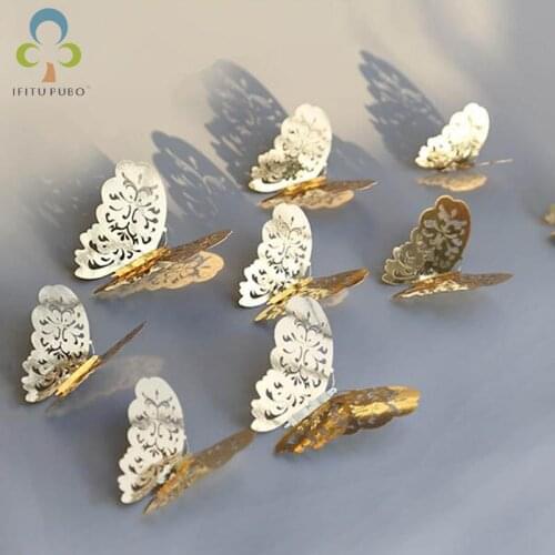 12 Pcs/Set 3D Wall Stickers Butterfly Hollow Paper 3Sizes Silver Gold For Fridge Stickers Home Party Wedding Decor WYQ
