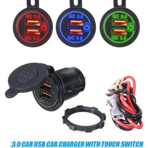 12V/24V Car Boat Truck Power Socket Touch Switch QC3.0 Dual USB Phone Charger+60cm Cable with 10A Fuse For Motorcycles Boats