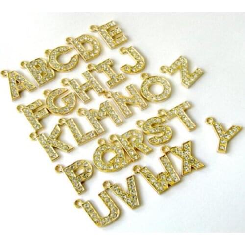 260pcs/lot about 12mm A-Z rhinestones gold color hang pendant letters fit for diy necklace wristband bracelet