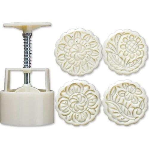 4pcs Flower Hand Press Cookie Stamp Moon Cake Decor Mould Barrel Mooncake Mold 100g Pastry DIY Tool Mid-Autumn Festival