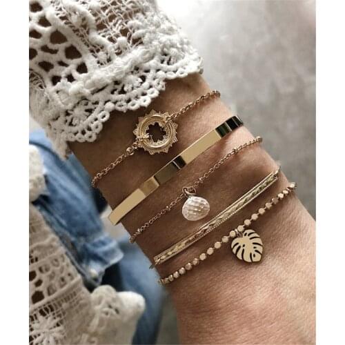 5Pcs/ Set Bohemian Leaves Bracelets for Women Boho Jewelry Crystal Geometric Beads Charm Bracelet