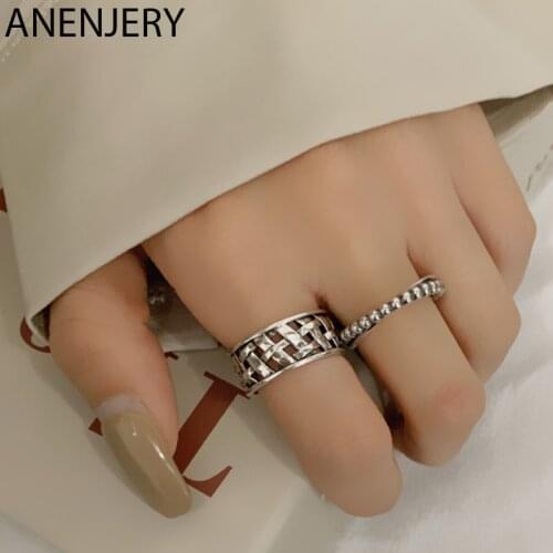 ANENJERY 925 Sterling Silver Retro Wide Woven Thai Silver Ring Open Size Ring For Women 2020 Minimalist Accessories Gift S-R615