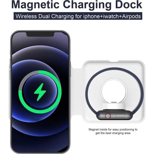 Mag-Safe Wireless Fast-Charging Station 2 in 1 Foldable 15W Charger Dock for iPhone 12 Mini Pro Max 11 XR, AirPods Pro, iWatch 6