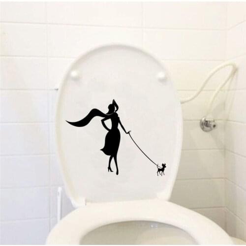 Lady With Dog Fashion Bathroom Home Decor Wall Decal Toilet Sticker Vinyl 6WS0182